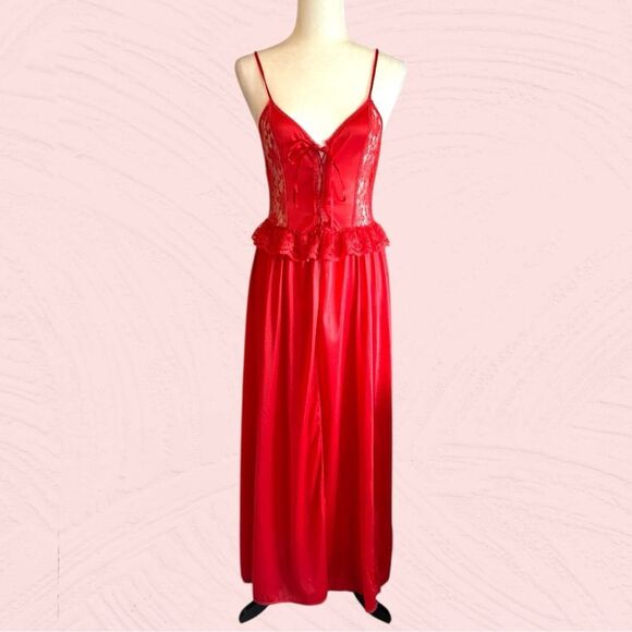 Vintage Other - 80s vintage red lacy lace up front open maxi night dress slip